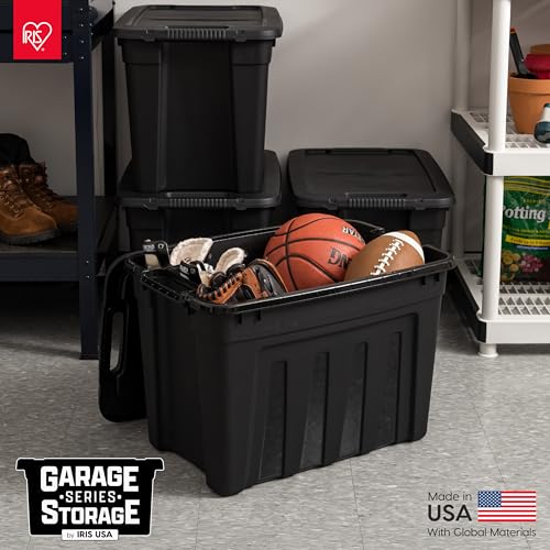 IRIS USA 31 Gallon Heavy Duty Storage Totes with Easy-Grip Handles, 4 Pack - Large Bins with Lids Garage Organizing Tubs, Durable Stackable Utility Containers, Made in USA - Black