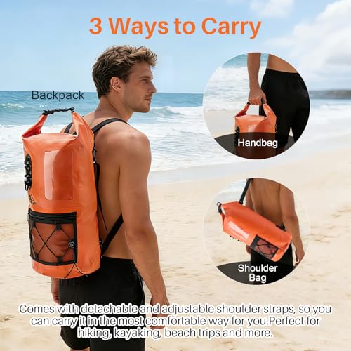 Image of Waterproof Dry Bag 500D PVC Roll Top Dry Sack with 3 Carrying Ways, Lightweight Waterproof Bag for Kayaking, Swimming, Boating, Paddle Boarding, Hiking, Beach(Orange, 25L)