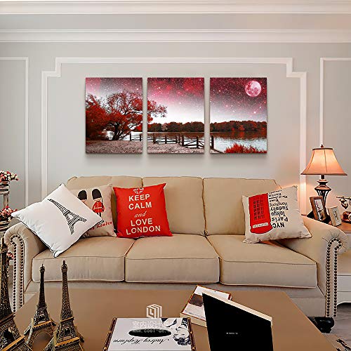 Image of Wall Art for living room Canvas Prints bedroom Wall Decor for bathroom artwork Abstract Painting Red tree moon landscape paintings 16 inch x 24 inch 3 Pieces Modern framed office Home decorations for kitchen