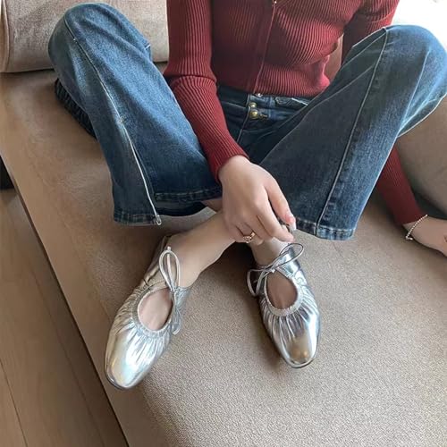 Women's Wrinkled Leather Lace Up Flat Mules Fashion Closed Square Toe Slip-On Slingback Ballet Flats Comfortable Casual Dressy Date Office Work Shoes4