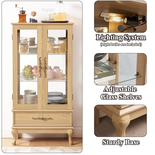 Image of 51 inch H Lighted Curio Cabinet Display Case, Glass Curio Cabinet with Adjustable Shelves,Tempered Glass Door and Drawer, Wooden Cabinets w /Mirrored Back Pane for Living Room (Light Oak)