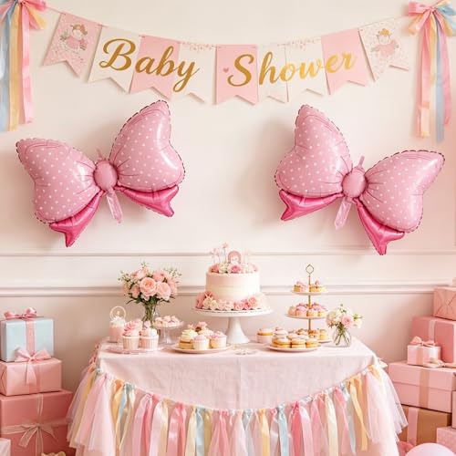 Image of 36 Inch Pink Bow Foil Balloon - Large Polka Dot Bow Balloon for Girls Birthday, Coquette Party, Baby Shower, Gender Reveal Decorations