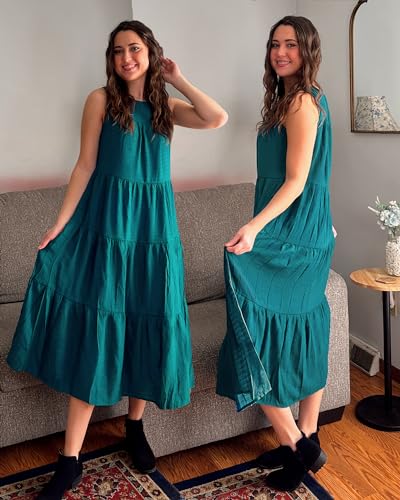 Image of Newshows Women's 2024 Summer Midi Dresses Sleeveless Crewneck Beach Boho Casual Loose Long Flowy Tiered Sundress with Pockets