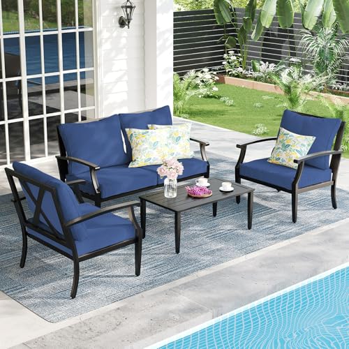 SunloungeCo 4-Piece Patio Furniture Set, Wider Outdoor Metal Seating Sofa with High Back & Loveseat, Coffee Table, All Weather Metal Conversation Set for Backyard, Poolside, Deck-Navy