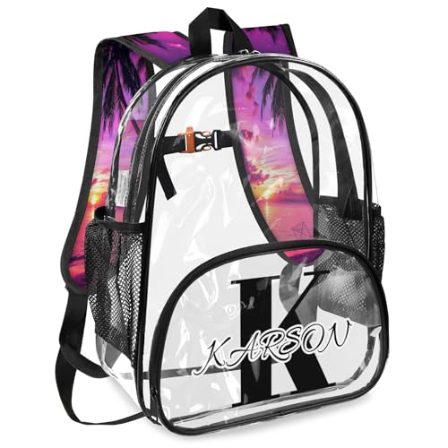 Personalized Palm Tropical Beach Tree Large Clear Backpack Stadium Approved Heavy Duty PVC Plastic Custom Transparent Backpacks See Through Bag with Name2