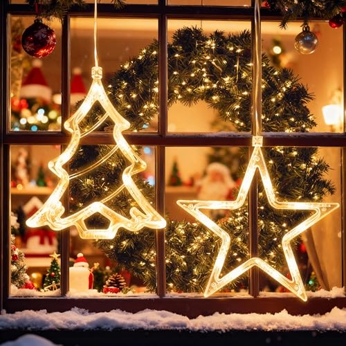 Guidre Weihnachtsbeleuchtung Fenster Innen,2 Stück LED Lichtervorhang...