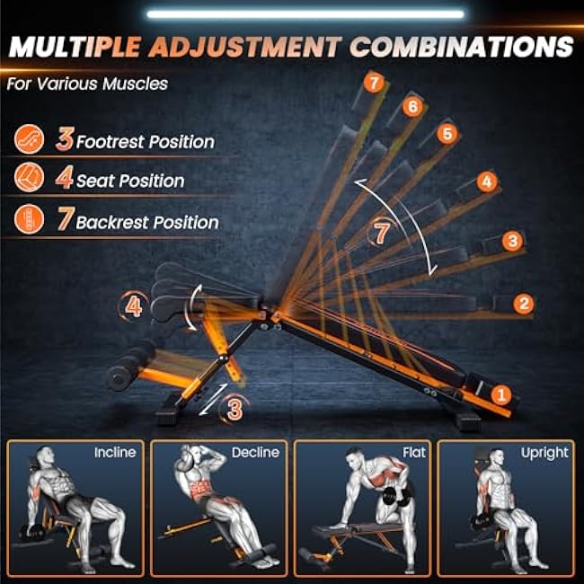 700LBS Adjustable Weight Bench with Headrest - Foldable Workout Bench Press with Thickened Steel for Home Gym,Incline Strength Training Exercise Bench for Full Body with 3 Sec Fast Folding