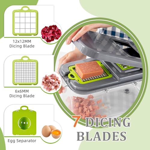 Image of 22 in 1 Vegetable Chopper with Container and Interchangeable Blades, Manual Food Slicer Dicer and Grater Set with Lid, Finger Guard and Cleaning Tools