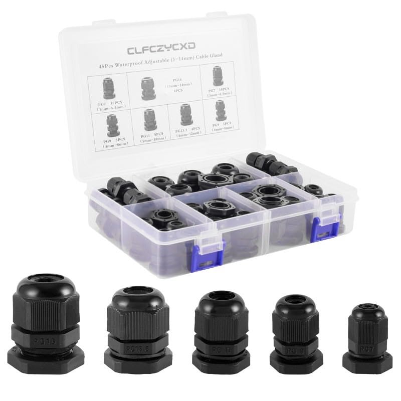 CLFCZYCXD-Cable Gland Kit,45 Pack Waterproof Adjustable 3-14mm Nylon Cable Glands Joints With Gaskets,Black (PG7,PG9,P11,PG13.5,PG16)