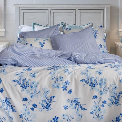 LERUUM King Size Bedding Duvet Cover Sets Cotton Autumn Winter Bedding Blue Striped Floral Reversible Quilt Cover Set (King Size Blue)