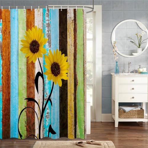 MIRRORANG 105x160cm Rustic Sunflower Shower Curtain Teal Wooden Board Farmhouse Country Shower Curtain for Bathroom Waterproof Polyester Fabric Set including Hooks
