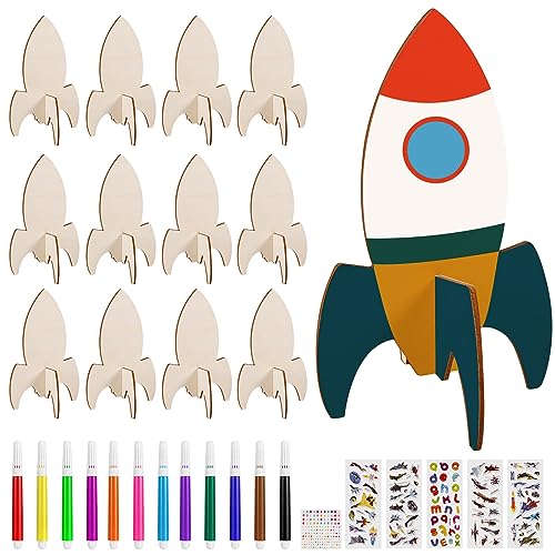 Heyu-Lotus 12 Stück Raketen Holz Bastelset Bastelset Rakete zum Bemalen Form unvollendete Kinderspielzeug Bemalen DIY Holzbastelset für Kinder Mädchen Jungen