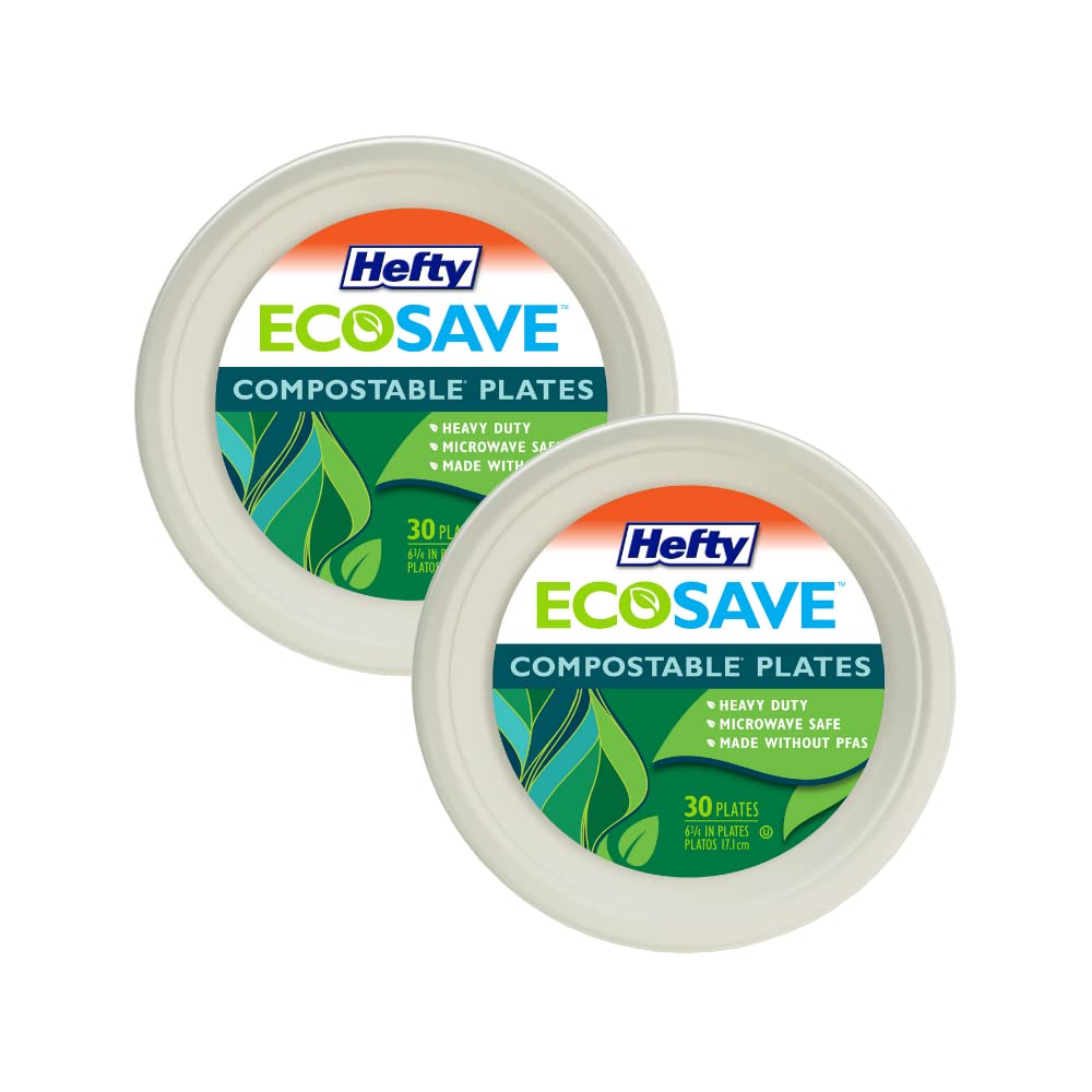 Hefty ECOSAVE Compostable Paper Plates, 6-3/4 Inch, 30 Count (Pack of 2)