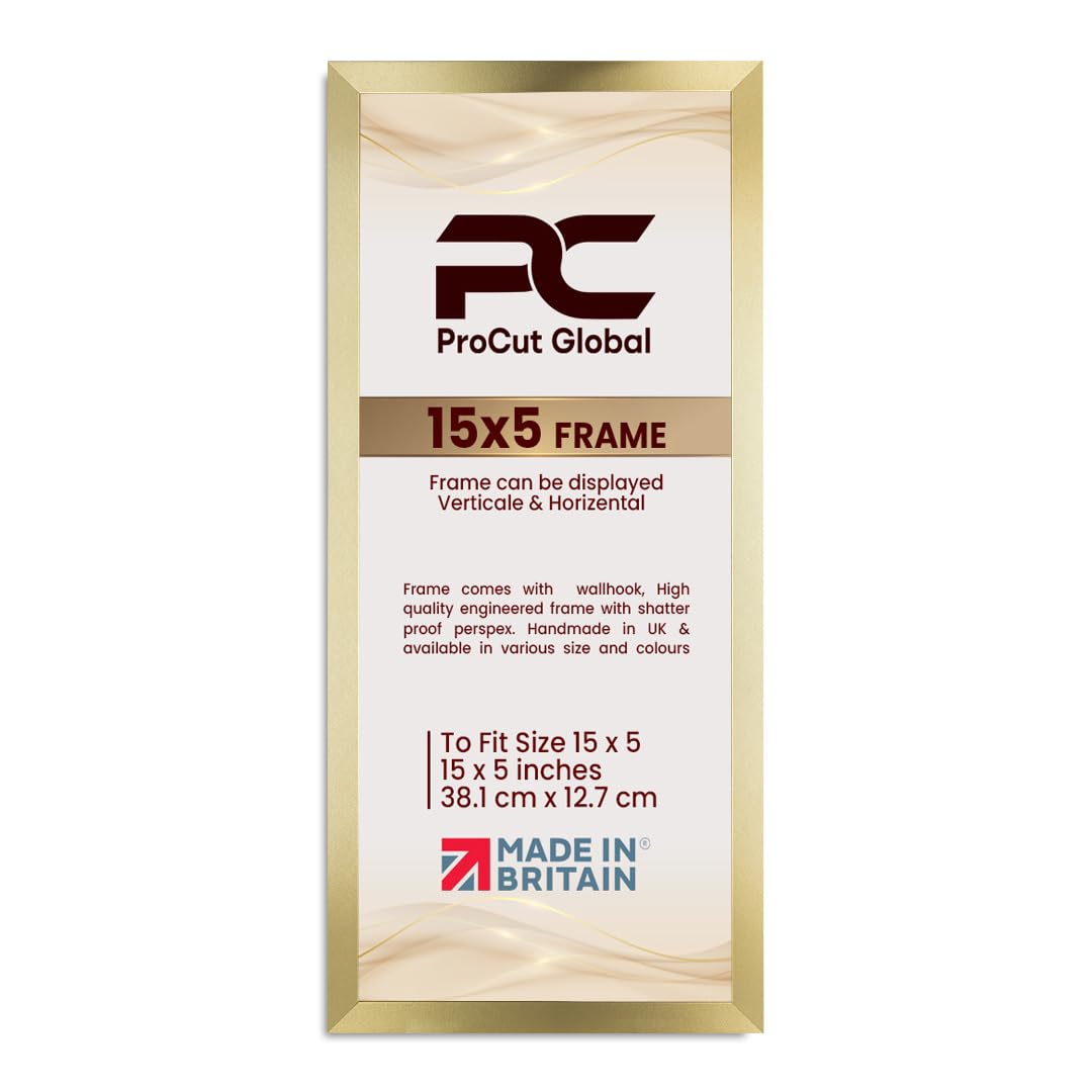 Procut Global 15X5 Gold Picture Frames - Modern Wooden Photo Frame with Shatterproof Perspex for Wall or Tabletop - Perfect for Posters, Certificates, Prints - Sizes & Colors Available