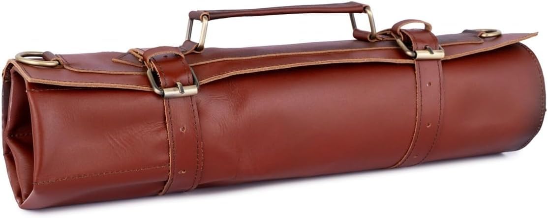 Leathershire Full Grain Leather Chef Knife Roll Bag Professional Knife Tool Holder Case, Kitchen Knife Organizer Chef Roll for Culinary Students & Chefs Birthday Gift (Tan Brown, 11 Pockets)