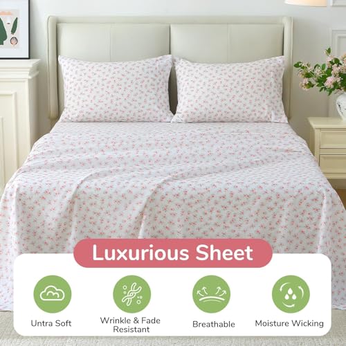 Image of MUXHOMO Queen Size 4 Piece Sheet Set, Soft Breathable Bed Sheet Set for Bedroom with Deep Pocket Up to 16 inch, Wrinkle-Free & Cooling Bedding for Oeko-TEX Certified - Floral Pink