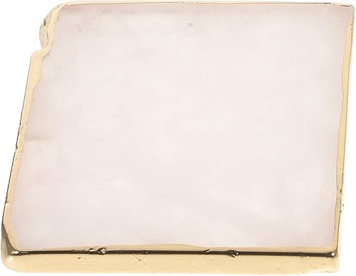 Kichvoe Posavasos de cuarzo rosa, posavasos de barra de cristal rosa natural, posavasos cuadrados para bebidas con borde dorado, tapete de taza de