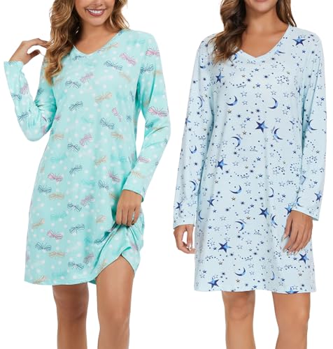 Image of Kabento 2 Pack Long Sleeve Nightgowns for Women Soft Cotton Night Gowns Sleepwear V Neck Nightshirts