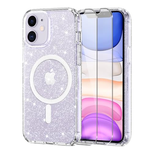 Knrlqim Magnetica Cover per iPhone 11 Brillantini, [Compatibile con MagSafe], Glitter Trasparente Custodia Case con 2x Vetro Temperato Protettivo, Bumper Antiurto per iPhone 11 in Silicone TPU