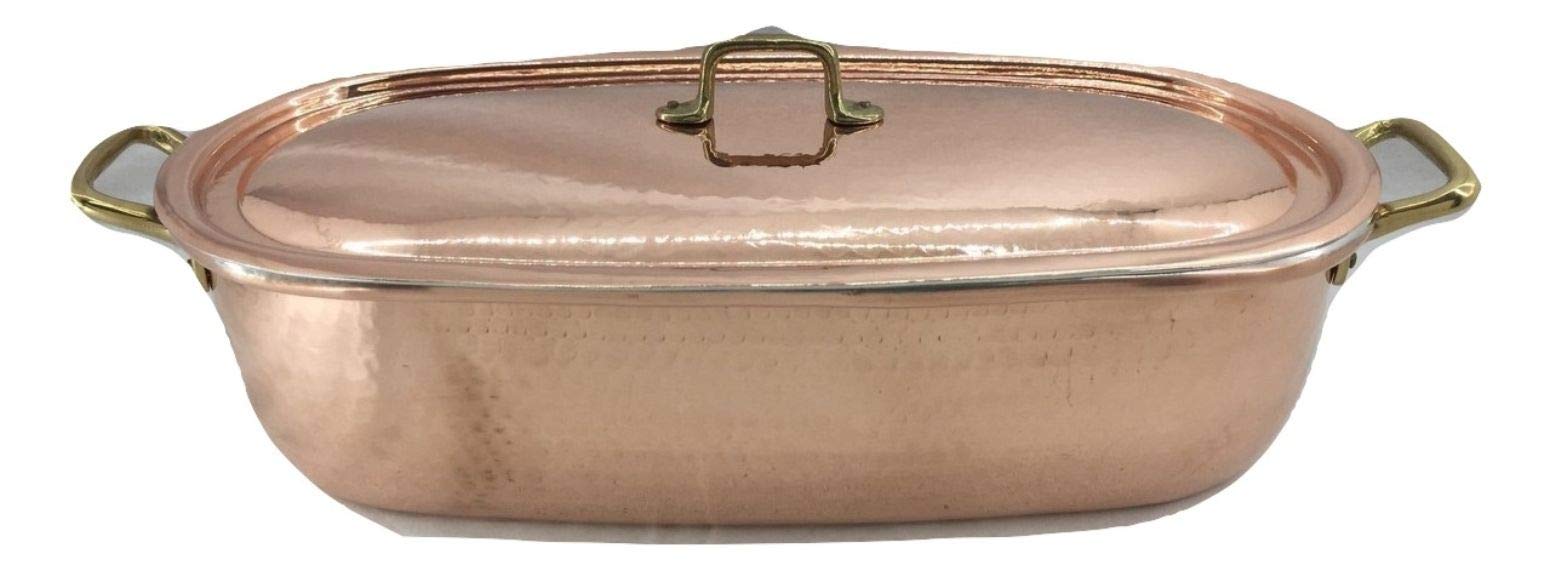 Pesciera in rame stagnato con coperchio da cucina griglia cestello vapore pentola pesce 44x20x13 cm