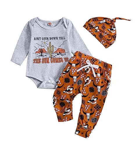 Image of Baby Boy Cowboy Outfit Newborn Western Country Boy Clothes Cow Print Letter Bodysuit+Long Pants+Cap 3pcs Fall Clothes