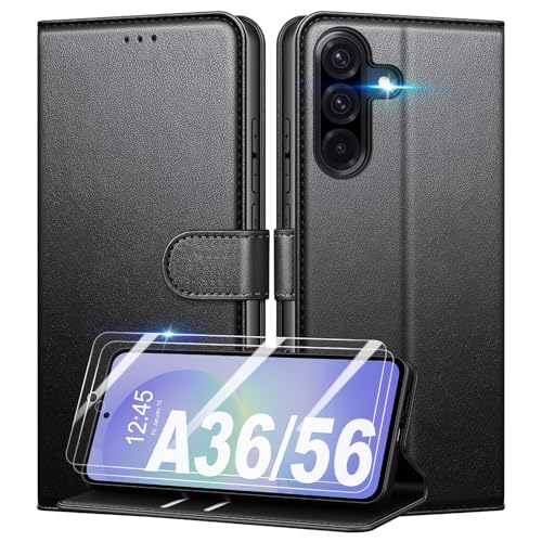 Mofurd Handyhülle für Samsung Galaxy A36 5G/ A56 5G Hülle Mit 2 Panzerfolie [RFID-Blockierung] [Kartenfach] [Ständer] Premium PU Magnet Klappbar hülle mit Panzerglas Multifunktional Schwarz