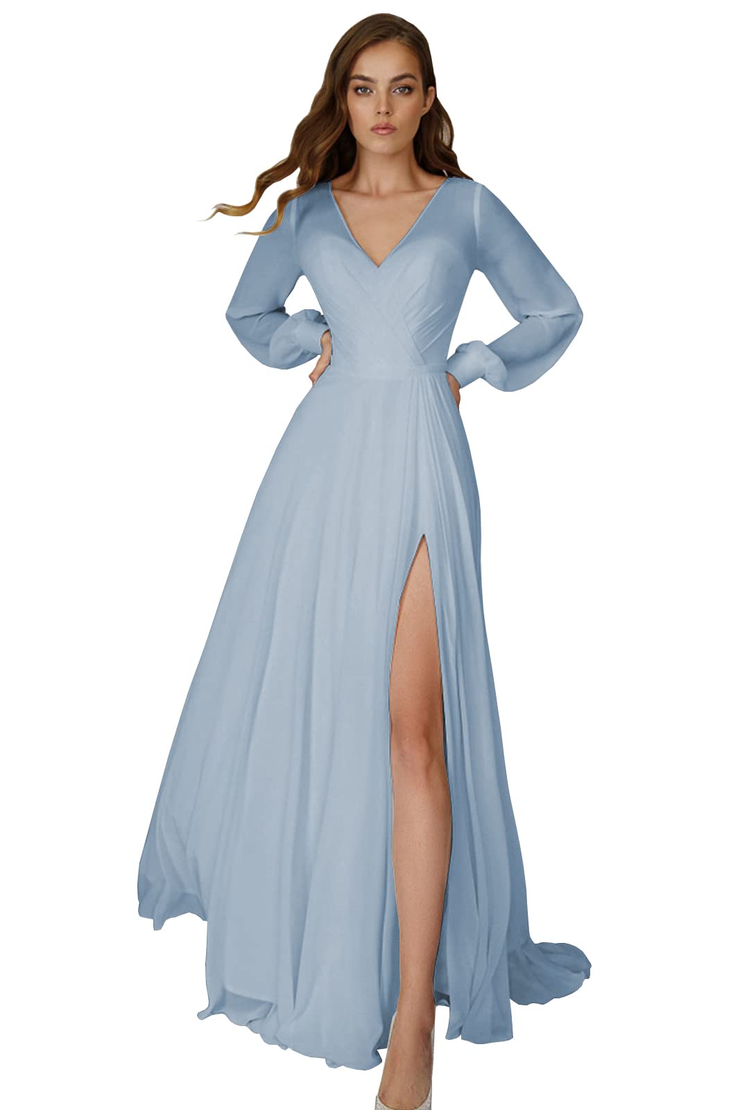 V Neck Long Sleeve Bridesmaid Dresses with Slit A Line Chiffon Formal Evening Prom Party Gown for Women