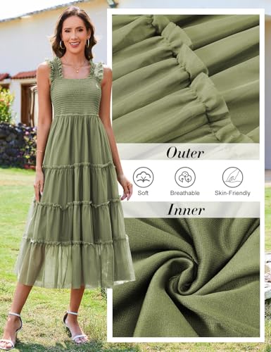Image of HEEKPEK Womens Summer Midi Dresses 2025 Flowy Tulle Sleeveless Smocked Square Neck Ruffle Tiered Sundress Wedding Guest Party