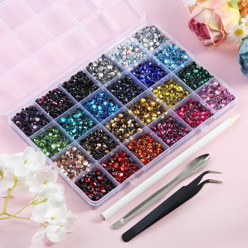 Image of Hotfix Rhinestones Mixed 24 Colors & 5 Sizes,14520pcs | Mat: glass, SS6-SS30(2mm-6mm),for crafts clothes,with tweezers,wax pencil and spoon