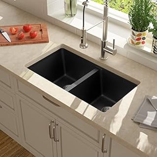 33 Kitchen Sink Granite Composite - Lordear 33 Inch Black Undermount Sink Double Bowl 50/50 Quartz Granite Composite Under/Over Counter Kitchen Sink B
