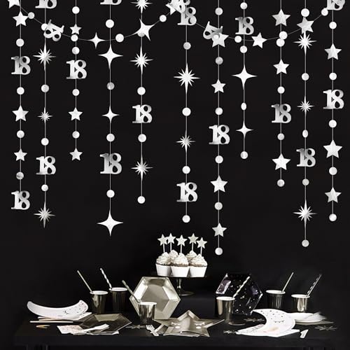 Image of Silver 18th Birthday Decorations Number 18 Circle Dot Twinkle Star Garland Metallic Streamer Banner Backdrop for Girls Boys Happy 18th Birthday Time to Adult Cheers to 18 Years Old Anniversary Party