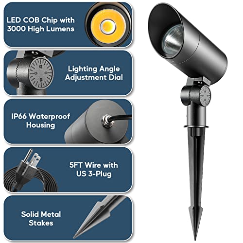 Image of 30W LED Spotlight Outdoor 120V Waterproof Spot Light 3000LM Ultra Bright Spot Lights Outdoor Warm White Landscape Lighting with 5FT Cord with Plug for Flag Pole Tree Yard Garden(2pack)