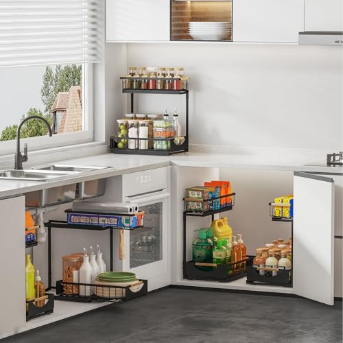 Image of Under Sink Organizer and Storage for Bathroom and Kitchen - 2 Pack 2 Tier | Cabinet Pull Out Shelf Organizers - Slide Out Drawer Organization for Home Cabinets Shelves and Drawers