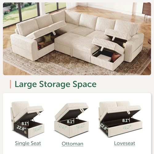 Image of HONBAY Modular Sectional Sleeper Sofa with Pull Out Bed,Corduroy U Shaped Couch with Storage, Sectional Couches for Living Room,Beige