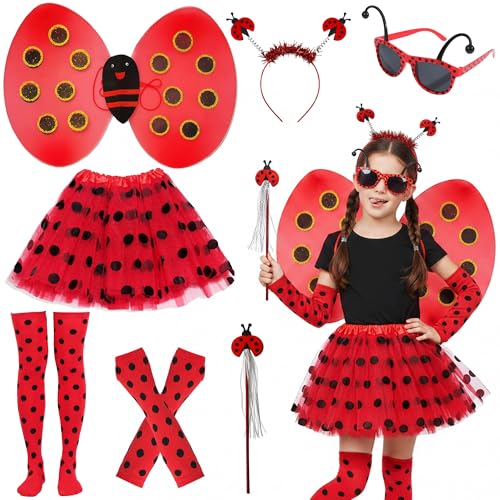 Fictoria Ladybug Costume Set for Kids - Red Ladybird Tutu Skirt with Wings Headband Leg Sleeves and Glasses Accessories Ideal for Fancy Dress Halloween Carnival Cosplay Party