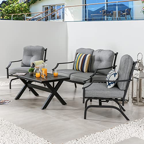 Image of LOKATSE HOME 4 Pieces Outdoor Conversation Furniture Bistro Metal Seating Patio Armchairs Loveseat Set with Cushion & Coffee Table, Grey