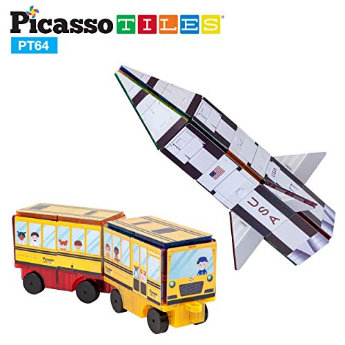 Picassotiles Magnet Building Blocks Stem Learning Construction Toy Set Early Education Kit 3-In-1 Rocket, School Bus, Train Theme Stick-On Puzzle Pretend Play Magnetic Tiles Kids Building Block Toys #TOP5