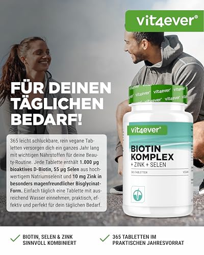 vit4ever Biotin Komplex + Selen + Zink für Haut, Haare & Nägel - 365 Tabletten - Ohne unerwünschte Zusätze -Hochdosiert - Vegan
