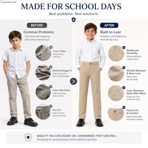 Image of Bienzoe Boys School Uniform Pants: Adjustable Waist Flat Front | Students Ages 6-13, Classroom Days, Picture Day, Awards, Open House, Chapel, Family Events, Lean-To-Regular Builds, Neat Look