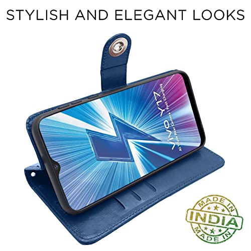 Image of Pikkme Vivo Y12 / Y15 / Y17 / U10 Flip Cover Leather Finish | Inside TPU with Card Pockets | Wallet Stand and Shock Proof | Complete Protection Flip Case (Button Blue)