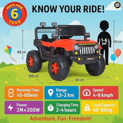 Image of Wishmaster Kids Electric Ride-On Jeep Car 12V Battery Powered Toy Vehicle with Big Wheels, LED Lights, Music System & Parental Remote - Off-Road Style for Boys & Girls