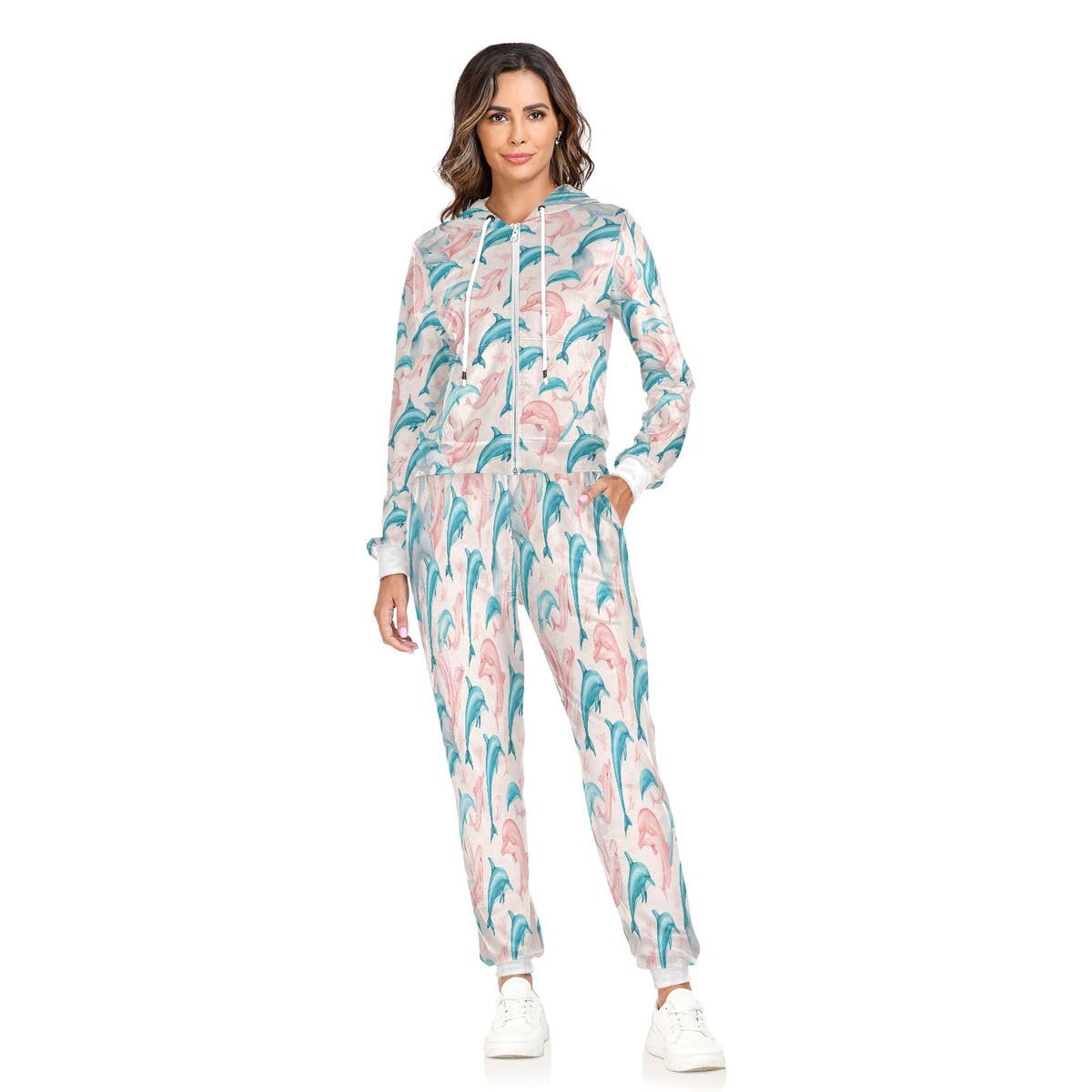 Conjunto deportivo de 2 piezas para mujer, diseño de delfín, acuarela, manga larga, color rosa y azul