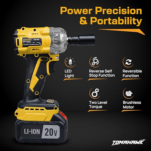 Image of Tomahawk TIW-400 20V Cordless Impact Wrench, 400Nm Torque, Brushless Motor, 1 /2 inch Square Drive, 2400 RPM, 3000 IPM, 2x 3.0Ah Battery, LED Light, Heavy Duty with Sockets & Case