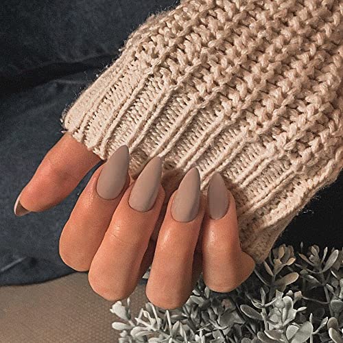 Light Grey Press on Nails Medium Stiletto Almond,KQueenest Matte Pure Color Acrylic Nails Kit Reusable Fake Nails with Feature Protective UV Coating for Women Nail Art Manicure in 24PCS(Milk Tea)