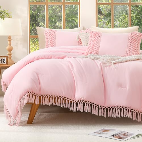 Image of Andency Comforter King Size Set Light Pink, 3 Pieces Boho Tassel Lightweight Fluffy Bedding Comforters & Sets, Soft All Season Bed Set (104x90In Comforter & 2 Pillowcases)