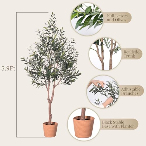 Olive Tree Artificial Plant 6FT,Artificial Olive Tree Mediterranean Silk Screened Broad-leaved Olive Tree with Realistic Fruit, Lifelike Plant Nordic Style Home Aesthetic Hotel Decor