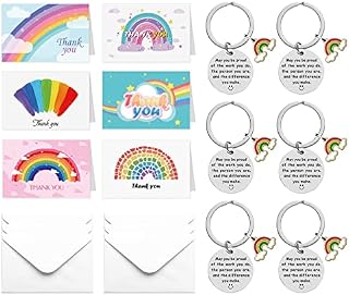 Thank You Card with Rainbow Keyring, 6 Pcs Leaving Gifts for Colleagues Teacher Inspirational Keyring with Envelopes for Party Women Birthday Wedding Christmas Gifts