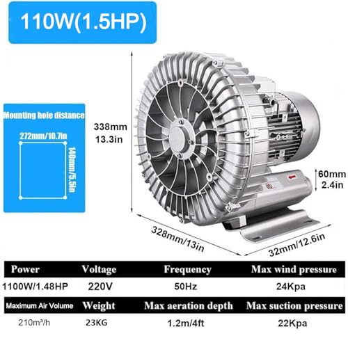 Soplador regenerativo industrial, anillo de vórtice de alta presión para soplado de aire o succión, ideal para aireación de aguas residuales y estanques de peces de acuario, 220 V 50 Hz monofásico