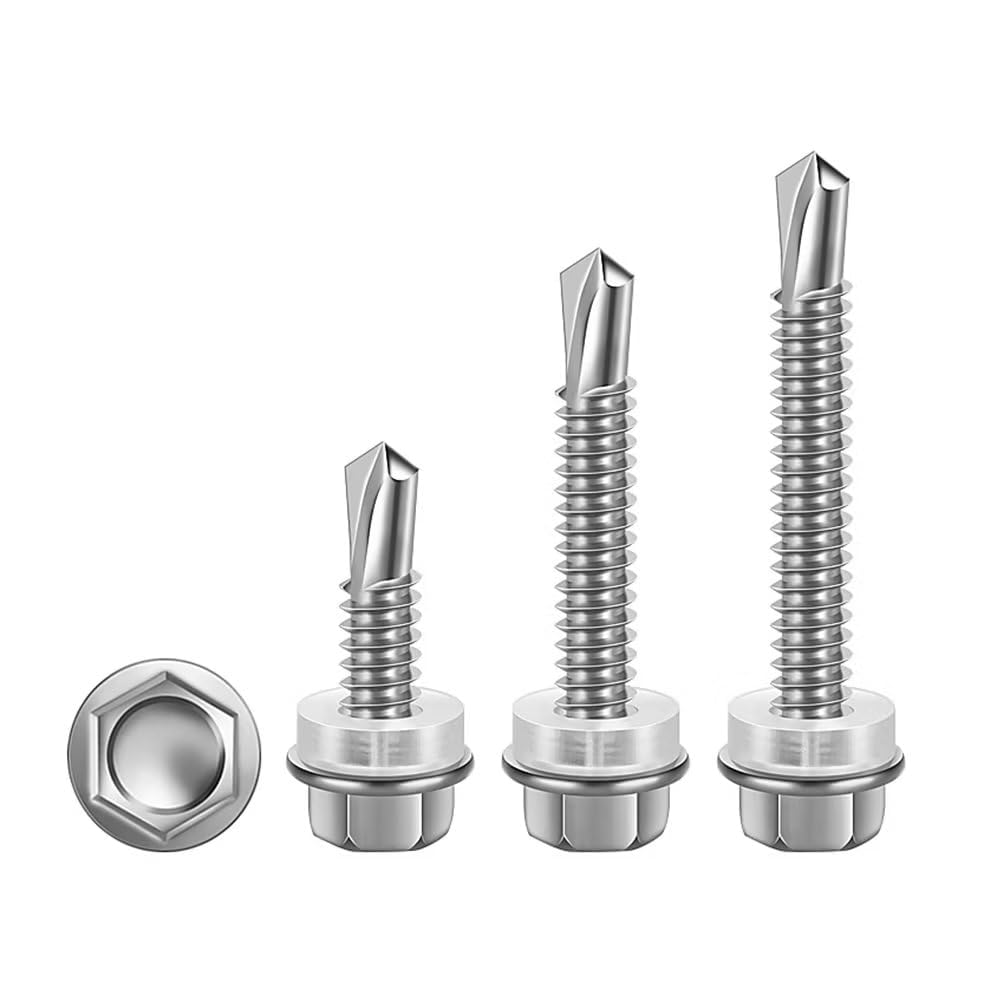 Wkręty samowiercące do dachów, 20 szt. Stal nierdzewna 410 M6.3 Długość 16~180 mm samogwintujące z łbem sześciokątnym Metalowe wkręty podkładką i 1 gniazdem(M6.3 * 165mm)