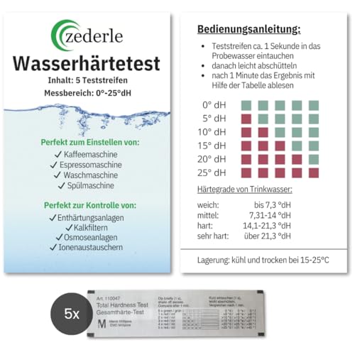 zederle 5 Stück Wasserhärte Teststreifen Testkit einzeln verpackt, versiegelt, Deutscher Härtebereich in dH°, Wasserhärte Test, Kalk Test, Gesamthärtetest - für Trinkwasser, Pool, Teich, Aquarium